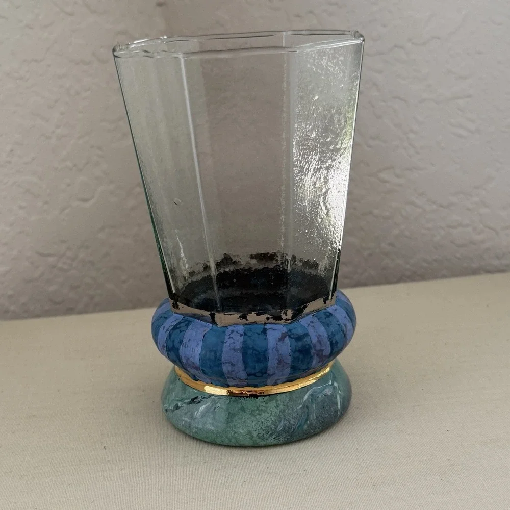 Vtg 80s 90s Mackenzie Childs Glass Cups Circus Purple Stripe Marble Octagon